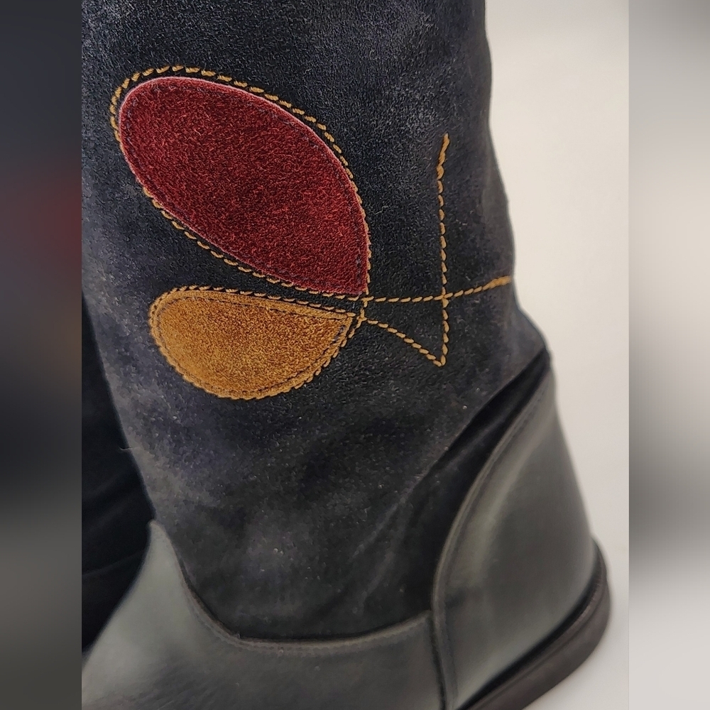 Navy Black Leather Suede Winter Women's Boots Sz 36 w/ Appique - Picture 9 of 15